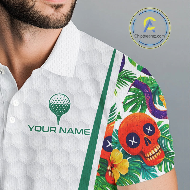 Funny Golf Skull Tropical Pattern Golf Polo Shirt Custom Name Golf Shirts For Mens NBT519