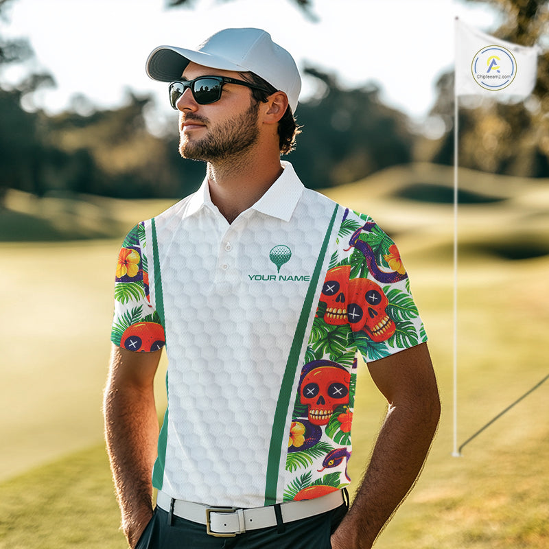 Funny Golf Skull Tropical Pattern Golf Polo Shirt Custom Name Golf Shirts For Mens NBT519
