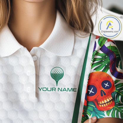 Funny Golf Skull Tropical Pattern Golf Polo Shirt Custom Name Golf Shirts For Womens NBT519