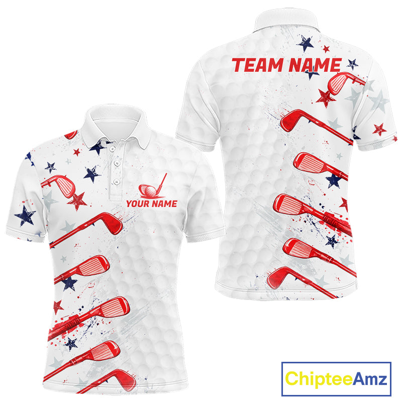 White polo shirt with red golf club and star pattern, customizable text, and Chiptee Amz branding.
