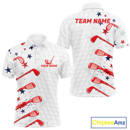 White polo shirt with red golf club and star pattern, customizable text, and Chiptee Amz branding.