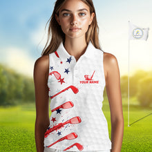 Load image into Gallery viewer, Woman wearing a white sleeveless shirt with red and blue designs on a golf course background