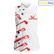 Load image into Gallery viewer, White sleeveless shirt with red and blue designs and 'Your Name' text