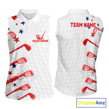 Load image into Gallery viewer, White sleeveless sports shirt with red and blue designs and customizable text on a white background.