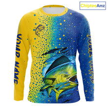 Load image into Gallery viewer, Front view of custom Mahi Mahi saltwater fishing shirt long sleeve UV protection
