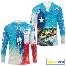 Load image into Gallery viewer, Front and back view of Texas Bass Fishing ocean camo hooded shirt with Texas flag design