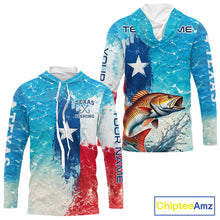 Load image into Gallery viewer, Front and back view of Texas Redfish Fishing ocean camo hooded shirt with Texas flag design.
