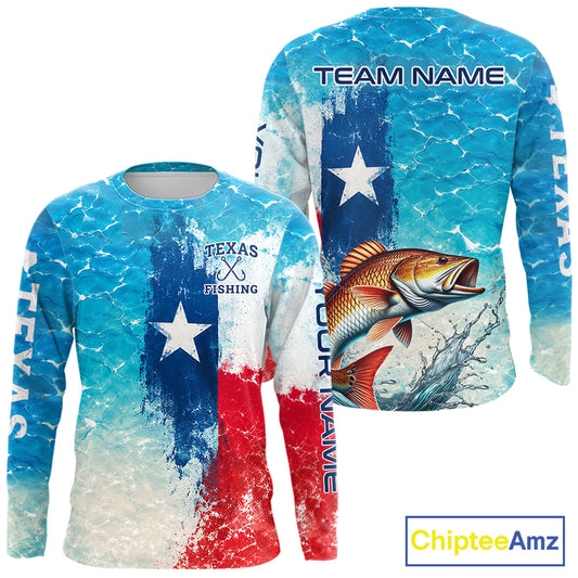 Texas Redfish Fishing Texas Flag, Blue Sea Wave Ocean Camo Long Sleeve Redfish Fishing Shirt NBT867