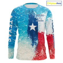 Load image into Gallery viewer, Texas Redfish Fishing Texas Flag, Blue Sea Wave Ocean Camo Long Sleeve Redfish Fishing Shirt NBT867