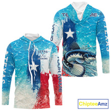 Load image into Gallery viewer, Front and back view of Texas Catfish Fishing ocean camo hooded shirt with Texas flag design