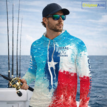 Load image into Gallery viewer, Angler wearing Texas Slam Fishing Long Sleeve Hooded Fishing Shirt with Personalized Name on sleeves