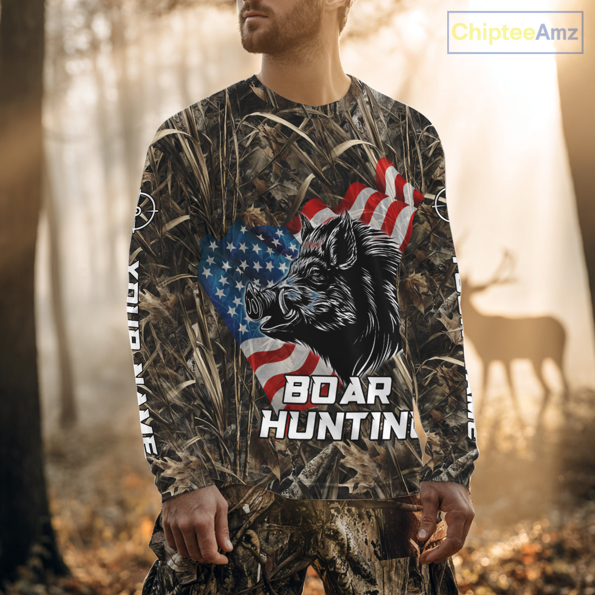 Custom Wild Boar Hunting Camo Full Printing US Flag Shirts Boar Hunting Gifts for Hunters NBT257
