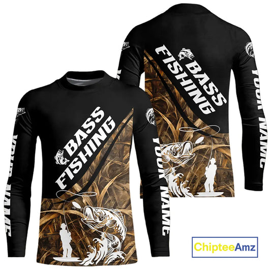 Personalized Kid Largemouth Bass Fishing Shirts Long Sleeve Tatto Grass Camo Custom Fishing Jerseys NBT355