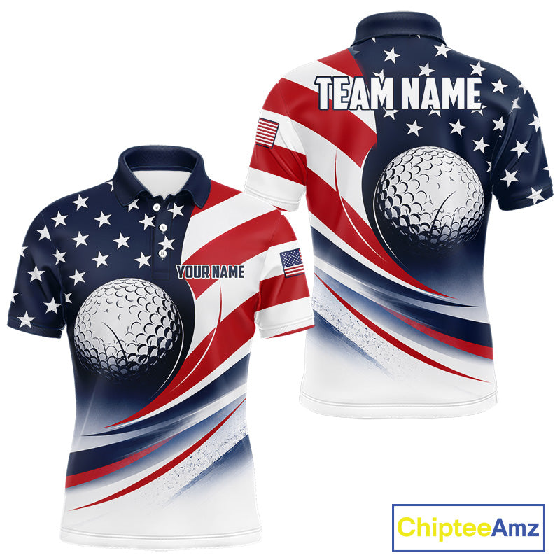 Front and back views of a America 250th anniversary golf polo shirt, chest name text, and team name on the back.