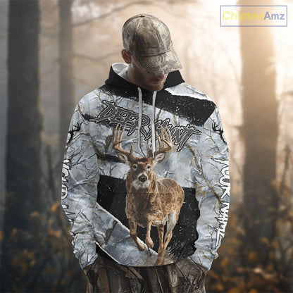 Winter Whitetail Deer Camo Customize Name 3D Printed Long Sleeve Hunting Shirts for Men NBT260