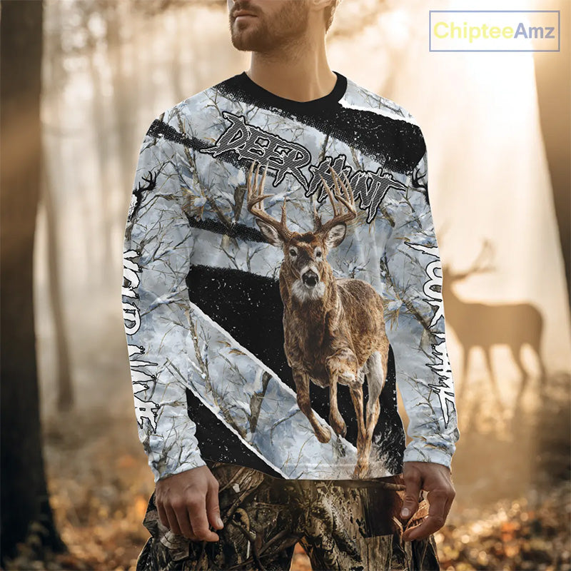 Winter Whitetail Deer Camo Customize Name 3D Printed Long Sleeve Hunting Shirts for Men NBT260