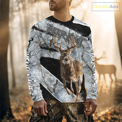Winter Whitetail Deer Camo Customize Name 3D Printed Long Sleeve Hunting Shirts for Men NBT260