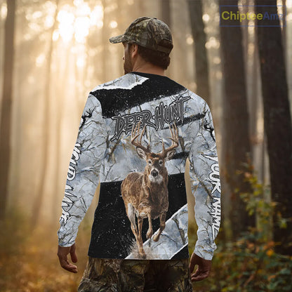 Winter Whitetail Deer Camo Customize Name 3D Printed Long Sleeve Hunting Shirts for Men NBT260