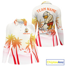 Load image into Gallery viewer, Front view of funny duck long sleeve golf polo shirt for women with tropical sunset print