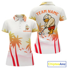 Load image into Gallery viewer, Front and back view of funny duck golf polo shirt for women with tropical sunset print with personalized name