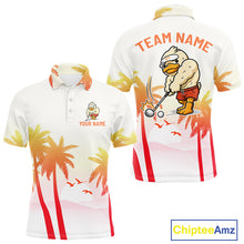 Load image into Gallery viewer, Front and back view of funny duck golf polo shirt for men with tropical sunset print with personalized name