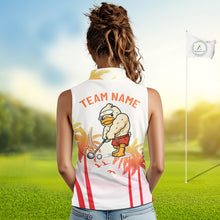 Load image into Gallery viewer, Woman wearing a Funny duck mens golf polo with tropical sunset background sporty animal design and 'Team Name' text on the back, standing on a golf course.