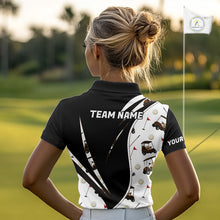 Load image into Gallery viewer, Woman wearing a golf cart pattern mens golf polo shirt and 'Team Name' text on the back, standing on a golf course.