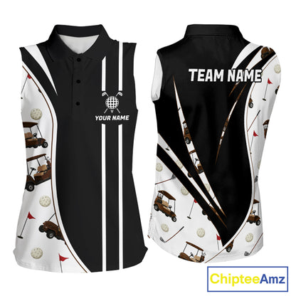 Front and back view of personalized sleeveless golf polo shirt for women with golf cart pattern and personalized name