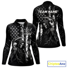Load image into Gallery viewer, Custom Black And White American Flag Skull Reaper Womens Golf Polo Shirt, Team Golf Shirts NBT881
