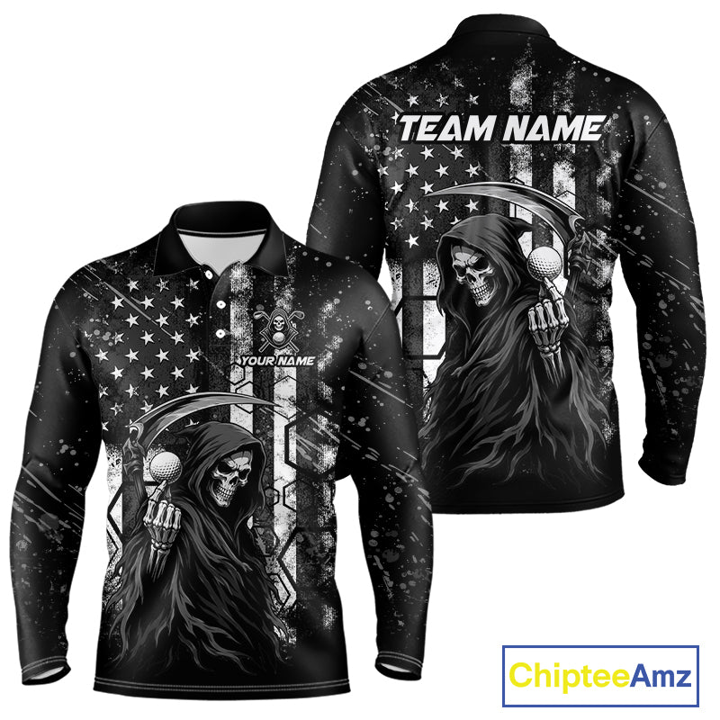 Custom Black And White American Flag Skull Reaper Mens Golf Polo Shirt, Team Golf Shirts NBT881
