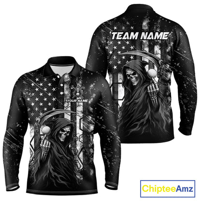 Custom Black And White American Flag Skull Reaper Mens Golf Polo Shirt, Team Golf Shirts NBT881