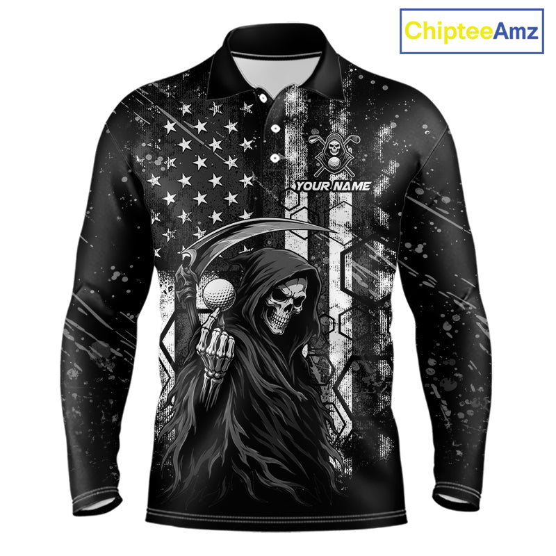 Custom Black And White American Flag Skull Reaper Mens Golf Polo Shirt, Team Golf Shirts NBT881
