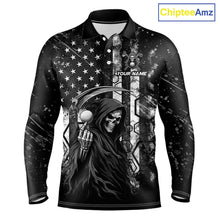 Load image into Gallery viewer, Custom Black And White American Flag Skull Reaper Mens Golf Polo Shirt, Team Golf Shirts NBT881