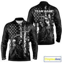 Load image into Gallery viewer, Custom Black And White American Flag Skull Reaper Mens Golf Polo Shirt, Team Golf Shirts NBT881