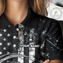 Load image into Gallery viewer, Close-up of black and white American flag skull reaper print on womens golf polo