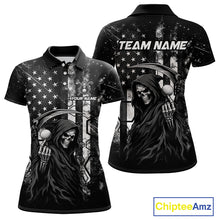 Load image into Gallery viewer, Front and back view of custom black and white American flag skull reaper womens golf polo shirt with personalized name