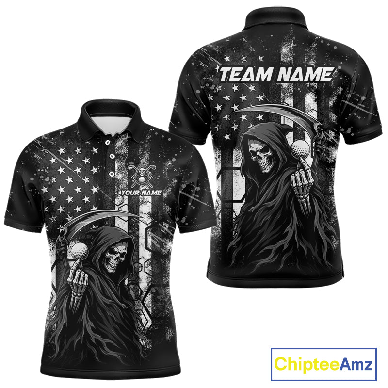 Front and back view of custom black and white American flag skull reaper mens golf polo shirt with personalized name