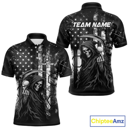 Front and back view of custom black and white American flag skull reaper mens golf polo shirt with personalized name