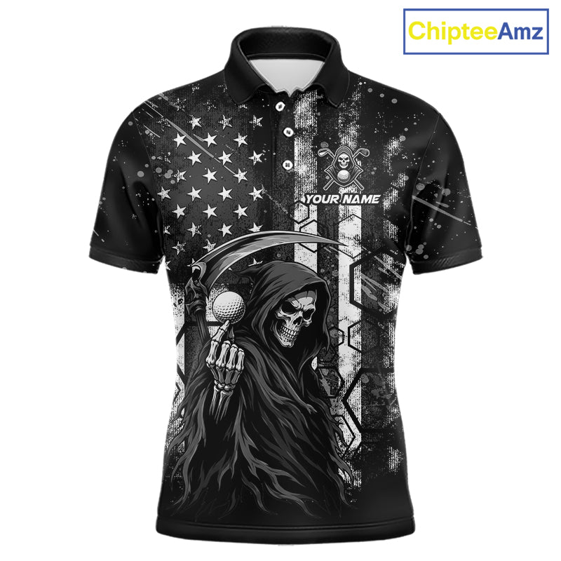 Front view of custom black and white American flag skull reaper mens golf polo shirt