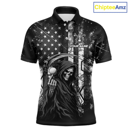 Front view of custom black and white American flag skull reaper mens golf polo shirt