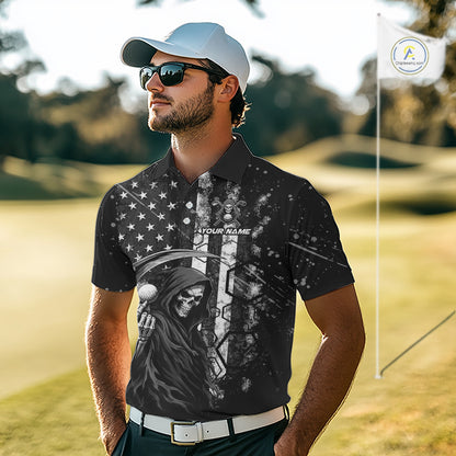 Golfer wearing custom black and white American flag skull reaper golf polo shirt on the course