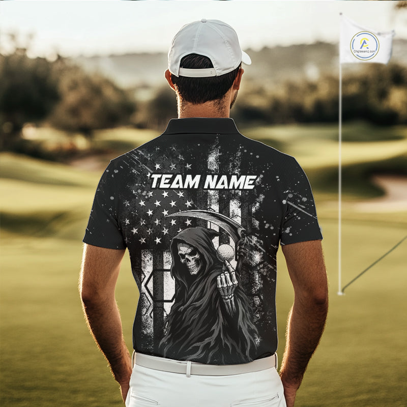 Golfer wearing custom black and white American flag skull reaper golf polo shirt on the course - back view