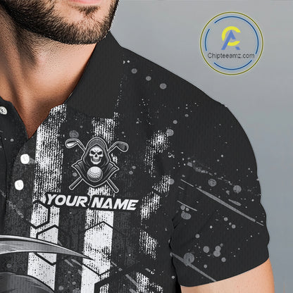 Close-up of black and white American flag skull reaper print on mens golf polo