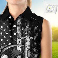 Load image into Gallery viewer, Custom Black And White American Flag Skull Reaper Womens Sleeveless Golf Polo Shirt, Team Golf Shirts NBT881