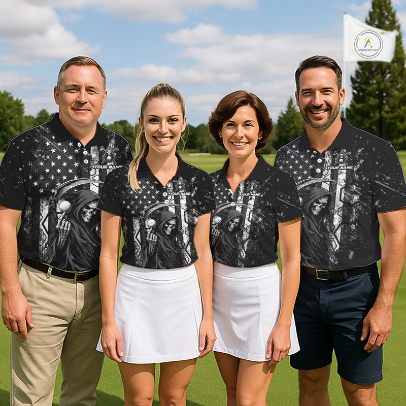 Four golfers wearing matching black and white American flag skull reaper golf polo shirt - front view