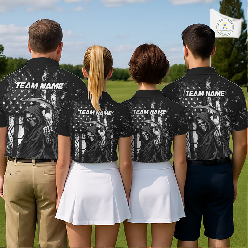 Four golfers wearing matching black and white American flag skull reaper golf polo shirt - back view