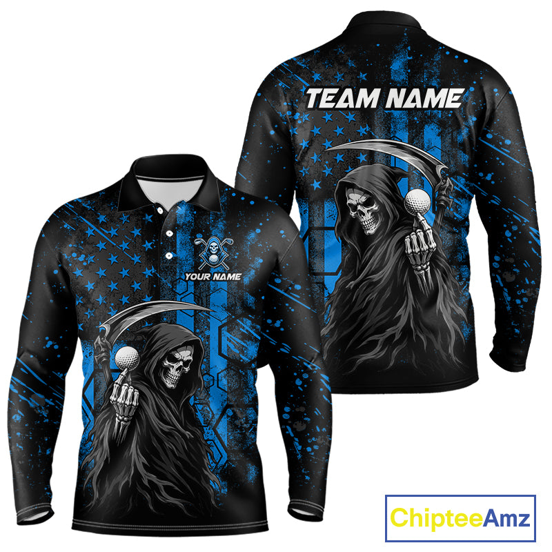 Custom Black And Blue American Flag Skull Reaper Mens Golf Polo Shirt, Team Golf Shirts NBT882