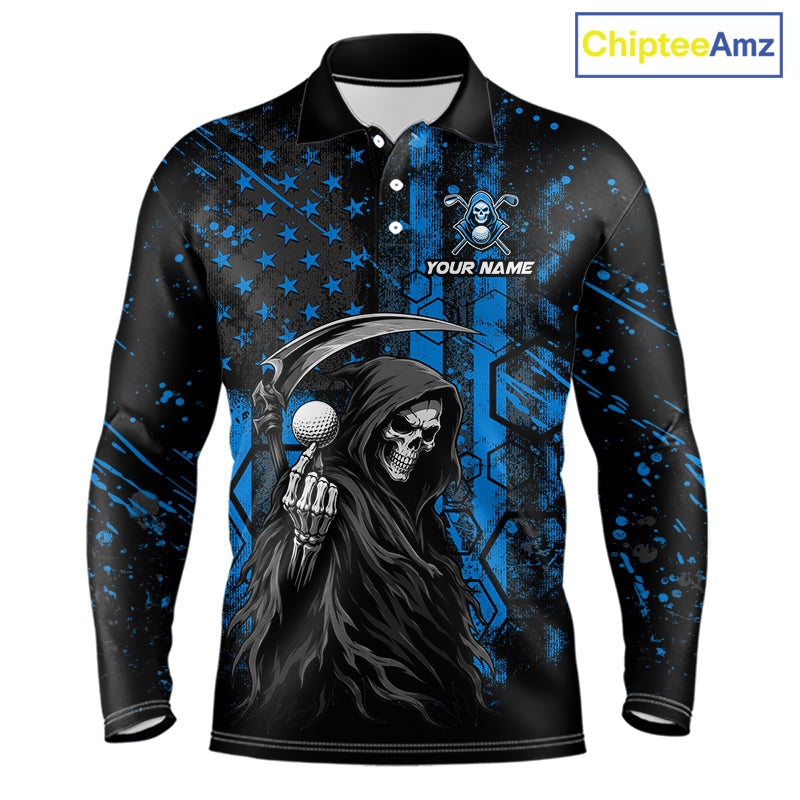Custom Black And Blue American Flag Skull Reaper Mens Golf Polo Shirt, Team Golf Shirts NBT882