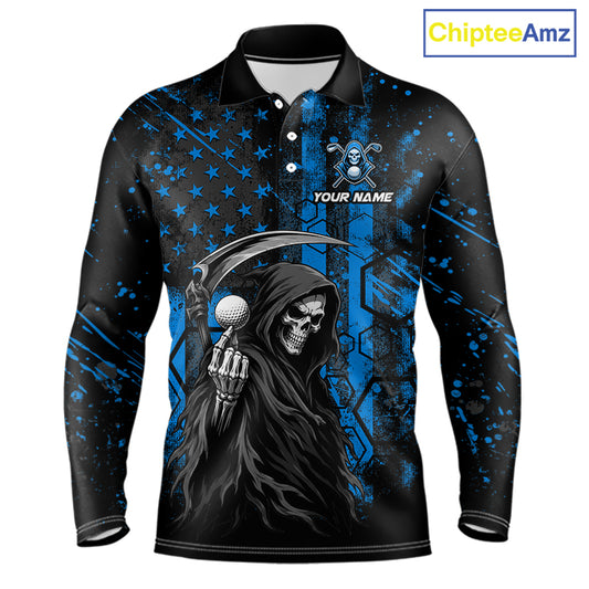 Custom Black And Blue American Flag Skull Reaper Mens Golf Polo Shirt, Team Golf Shirts NBT882