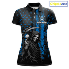 Load image into Gallery viewer, Custom Black And Blue American Flag Skull Reaper Womens Golf Polo Shirt, Team Golf Shirts NBT882